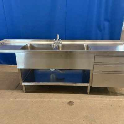 Spülzentrum Edelstahl 260x70x90 cm 2 Becken mit Schubladenblock