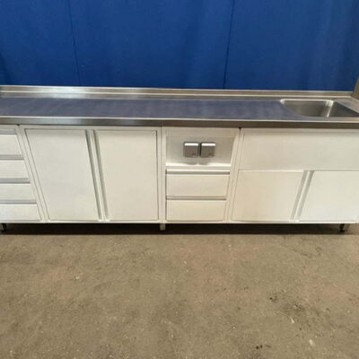 Arbeitsschrank Edelstahl 260x60x86 cm mit Schubladen Front weiß lackiert Spülschrank